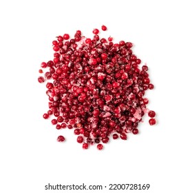 Frozen Cowberry Isolated. Iced Lingonberry Pile, Frosty Red Berries, Frozen Whortleberry Heap, Mountain Cranberry, Partridgeberry, Frosted Bearberries On White Background Top View