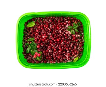 Frozen Cowberry Isolated. Iced Lingonberry Pile, Frosty Red Berries, Frozen Whortleberry Heap, Mountain Cranberry, Partridgeberry, Frosted Bearberries On White Background Top View