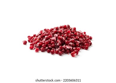 Frozen Cowberry Isolated. Iced Lingonberry Pile, Frosty Red Berries, Frozen Whortleberry Heap, Mountain Cranberry, Partridgeberry, Frosted Bearberries On White Background Side View