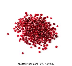 Frozen Cowberry Isolated. Iced Lingonberry Pile, Frosty Red Berries, Frozen Whortleberry Heap, Mountain Cranberry, Partridgeberry, Frosted Bearberries On White Background Top View