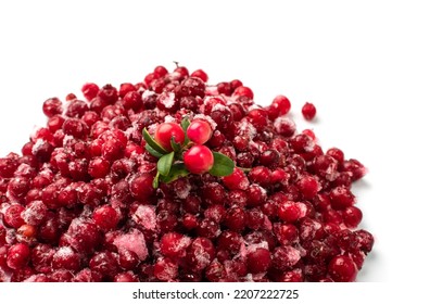 Frozen Cowberry Isolated. Iced Lingonberry Pile, Frosty Red Berries, Frozen Whortleberry Heap, Mountain Cranberry, Partridgeberry, Frosted Bearberries On White Background