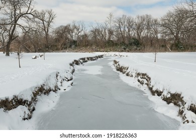 Frozen Creek Landscape View Near White Rock Lake That Is Covered In Snow And Ice After Severe Snow Storm In Dallas Texas In 2021