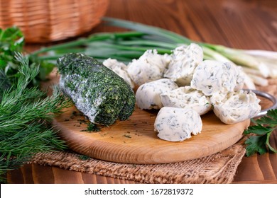 Frozen Dill, Cubes Of Herbs And Butter On A Wooden Table