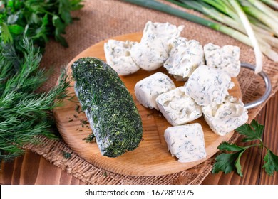 Frozen Dill, Cubes Of Herbs And Butter On A Wooden Table