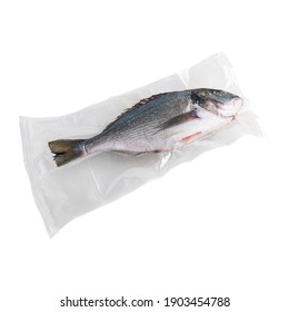 Frozen Dorado Fish. In Plastic Vacuum Packaging. White Background. Isolated.