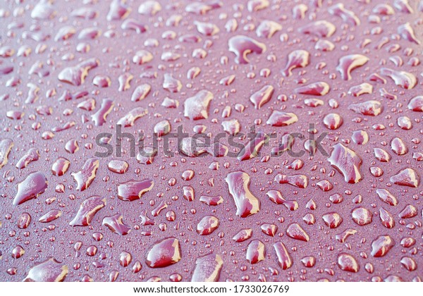 frozen drops of water on a metal surface. purple
car roof surface with
drops