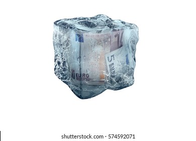 Frozen Euro Money In Ice Cube, Isolate On A White Background