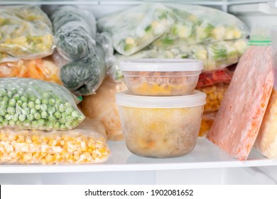 Frozen Food In The Freezer. Frozen Vegetables, Soup, Ready Meals In The Freezer