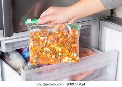 Frozen Food, Frozen Salad. Storing Food In A Bag In The Freezer. Ready Meal