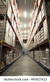 Frozen Food At Shelves In Cold Warehouse