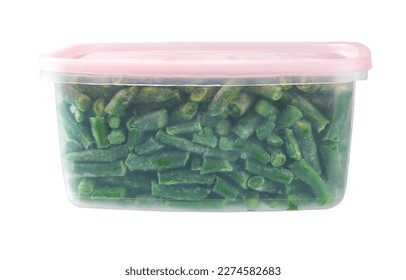 Frozen food vegetables. Frozen green beans in a plastic container. Deep freezing of vegetables. - Powered by Shutterstock