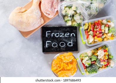 Frozen food, vegetables and meat. Place for text. Copy space. Top view