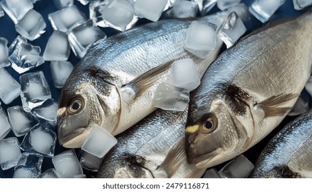 Frozen fresh fish among a pile of cold ice cubes. Fresh fish preserved in a pile of ice cubes. - Powered by Shutterstock