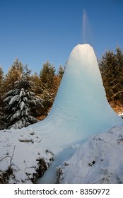 Frozen Geyser Erupting Water In Rajecka Lesna, Slovakia