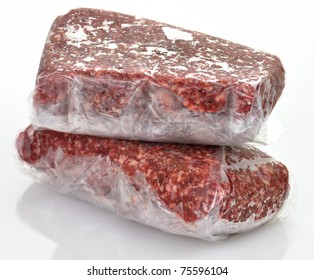 Frozen Ground Meat In Plastic Package, Close Up