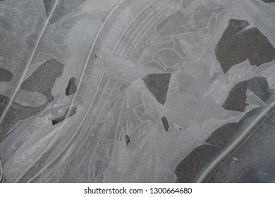 Frozen ice surface with beautiful pattern. Ice surfaces in the forest with abstract pattern