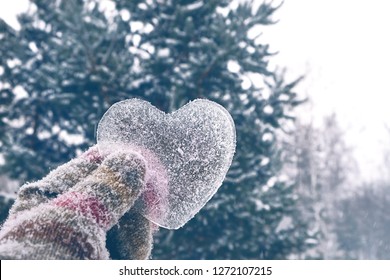 Frozen Icy Heart In Hand, Natural Winter Background. Concept Of Love, Romantic, February 14, Valentine's Day. Festive Winter Season. Christmas And New Year Holiday