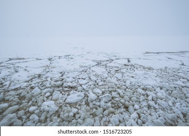 Frozen Lake Balaton By Ice Breaker Ship. 