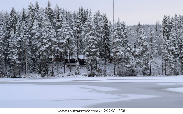 Frozen Lake Cabins Woods Cold Nature Stock Photo Edit Now 1262661358