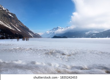 A frozen Lake Sils (Silsersee) in the Engadin Valley, in Switzerland