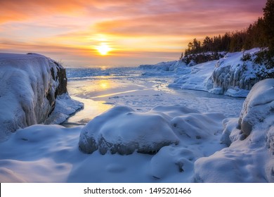 Frozen Lake Superior  Sunrise At Presque Isle Park, Winter In Marquette, Michigan. 