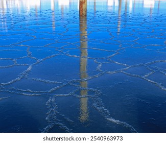  frozen lake surface with intricate, natural ice patterns and a clear blue reflection, capturing the beauty of winter's abstract design. highlights the geometric lines and textures created by the ice. - Powered by Shutterstock