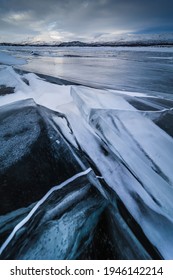 The Frozen Lake Torneträsk In Swedish Lapland. Beautiful Ice Forms Create An Amazing Sight.
