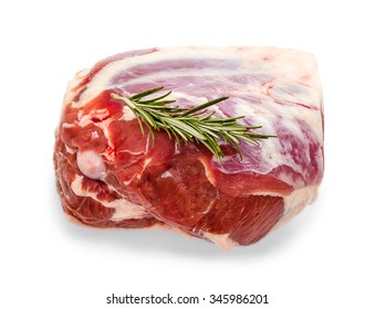 Frozen lamb leg with rosemary twig isolated on white