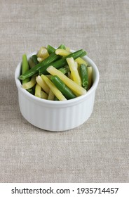 Frozen Legume Vegetables - Green Bean - In Bowl On Linen Background, Closeup, Saving Leftovers, Food Storage Concept And Eating Meals At Home Concept