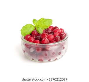 Frozen Lingonberry Isolated, Iced Cowberry Pile, Snow Cranberry in Glass Bowl, Red Viburnum Berries, Frozen Lingonberry on White Background