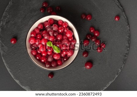 Frozen Lingonberry, Scattered Iced Cowberry, Snow Cranberry in Black Bowl, Red Viburnum Berries, Frozen Lingonberry on Dark Stone Background