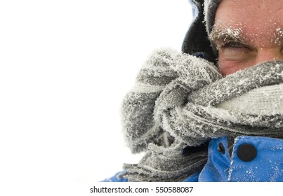 Frozen Man Face In Winter Scene Isolated On White Background   