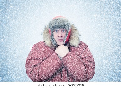 Frozen Man In Winter Clothes Warming Hands, Cold, Snow, Blizzard