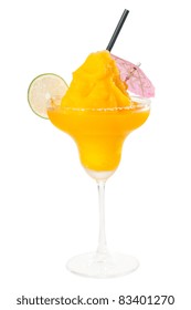 Frozen Mango Margarita Daiquiri With Lime Black Straw And Pink Umbrella Isolated On White Background