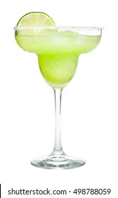 Frozen Margarita cocktail with salted rim and lime garnish isolated on white background
