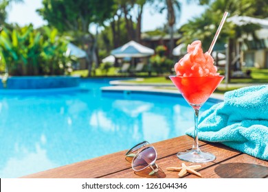 Frozen Margarita Or Daiquiry Cocktail Near The Pool. Vacation, Summer, Holiday, Luxury Resort Concept. Living Coral Shade Drink - Color Of The Year. Horizontal