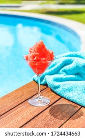 Frozen Margarita Or Daiquiry Cocktail Near The Pool. Vacation, Summer, Holiday, Luxury Resort Concept. Coral Shade Drink. Vertical