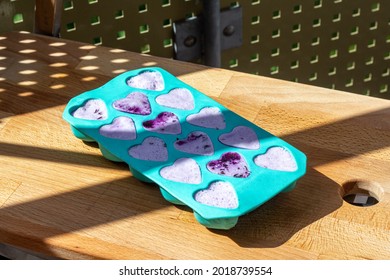 Frozen Milk With Blueberries In A Heart-shaped Ice Cube Tray On A Cutting Board In The Sun.