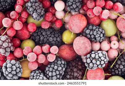 Frozen mixed berries as background, top view. Red currant, white currant, blackberry,  gooseberry and black currant. - Powered by Shutterstock