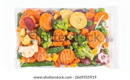 Frozen mixed vegetables in clear plastic bag . isolated on a white background. 