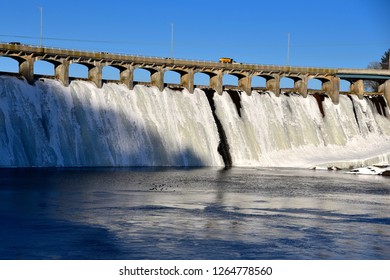 Frozen Over Hydro Electric Dam In Oxford Connecticut With Concrete Bridge Via Lake Zoar