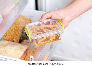 Frozen Pasta, Ready Meal. Frozen Pasta With Minced Meat In The Freezer