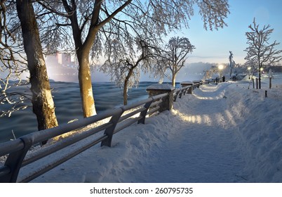 Frozen Path To American Falls In Winter At Dusk, Niagara Falls State Park, New York