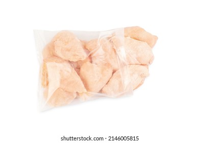 Frozen Pieces Of Chicken Fillet On An Isolated White Background.Chicken Fresh Meat In A Transparent Bag.