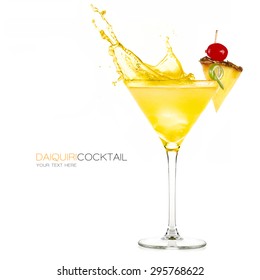 Frozen Pineapple Daiquiri Cocktail With Big Splash Isolated On White Background. Design Template With Sample Text