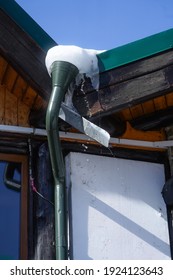 Frozen Pipe At The Water Drainage Installation Of A Mountain Hut. Busteni, Romania.