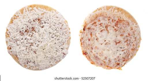 Frozen Pizza Raw And Cooked.  Isolated On White With A Clipping Path.