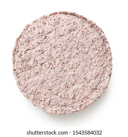 Frozen Plant Based Burger Patty Isolated On White. Top View.