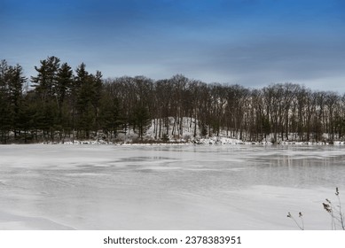 A frozen pond within Beebe hill state forest park in Austerlitz New York on cold winter day. 
