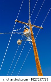 Frozen Power Lines Frost Against Blue Sky With Ice Crystals In The Air During Winter Cold Freezing